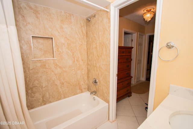 bathroom featuring shower / bath combo with shower curtain and tile patterned floors