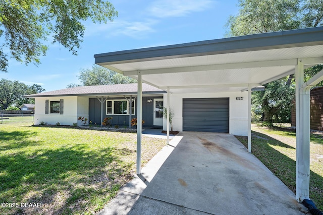traditional-style home featuring a garage, a front yard, a shingled roof, driveway, and a carport