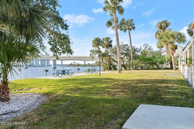 view of yard with a water view