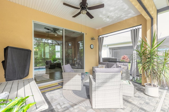 view of patio featuring ceiling fan and an outdoor hangout area