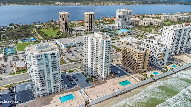 drone / aerial view with a water view