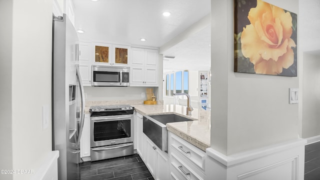 kitchen with white cabinetry, sink, light stone countertops, dark hardwood / wood-style floors, and appliances with stainless steel finishes