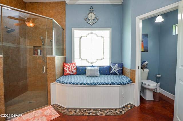 bathroom featuring toilet, a shower with shower door, concrete floors, and crown molding