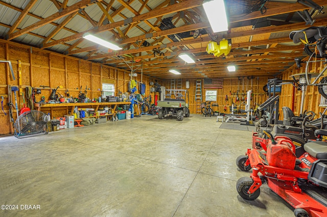 garage with a workshop area