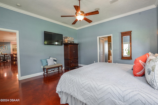 bedroom featuring ceiling fan and crown molding