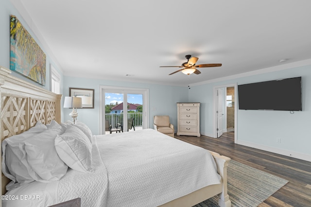 bedroom with access to exterior, ornamental molding, ceiling fan, and dark hardwood / wood-style floors