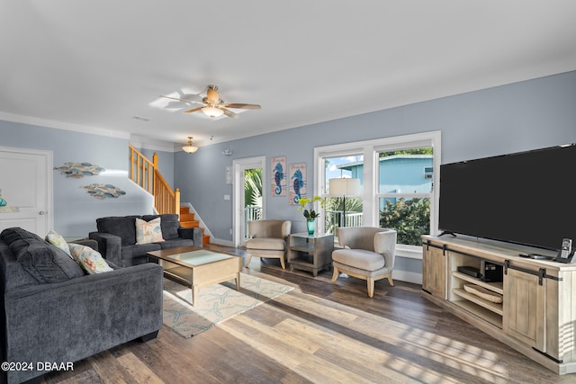 living room with ceiling fan and dark hardwood / wood-style floors