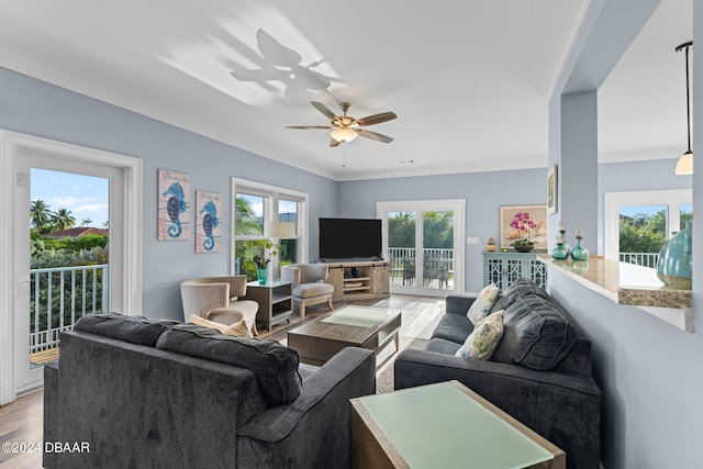 living room with light hardwood / wood-style floors and ceiling fan