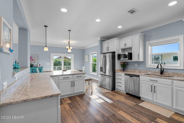 kitchen with white cabinets, appliances with stainless steel finishes, sink, and dark hardwood / wood-style floors