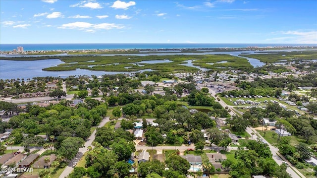 aerial view featuring a water view and a residential view