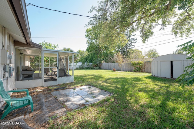 1412 Sunland Rd, Daytona Beach, FL 32114 - view of yard with a shed, a fenced backyard, an outdoor structure, and a sunroom