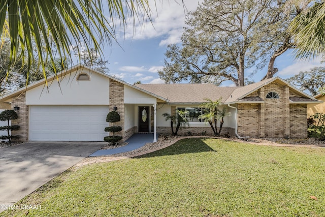 ranch-style home featuring brick siding, a shingled roof, concrete driveway, a front yard, and an attached garage