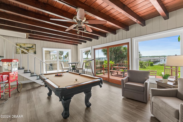 game room featuring pool table, hardwood / wood-style floors, and beamed ceiling