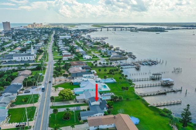 aerial view featuring a water view