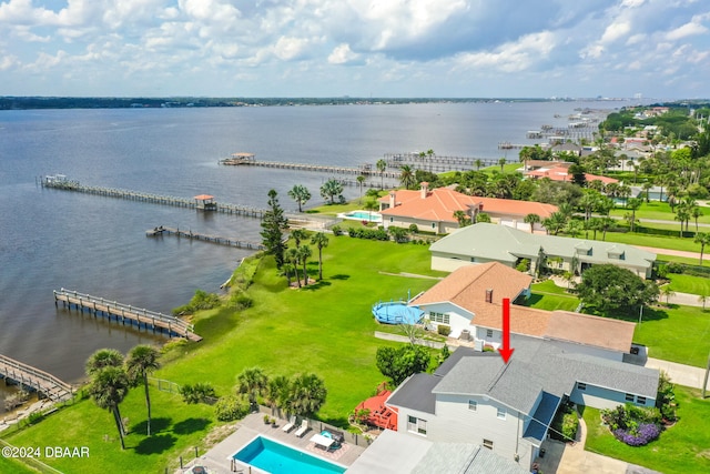 drone / aerial view with a water view