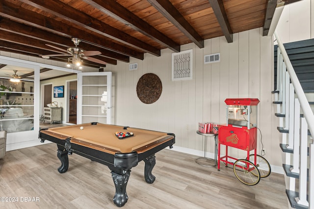 recreation room featuring pool table, light hardwood / wood-style flooring, beam ceiling, and wooden ceiling