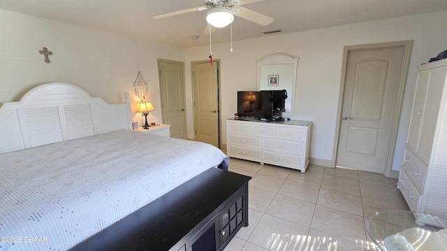 bedroom featuring light tile patterned floors, a ceiling fan, visible vents, and baseboards