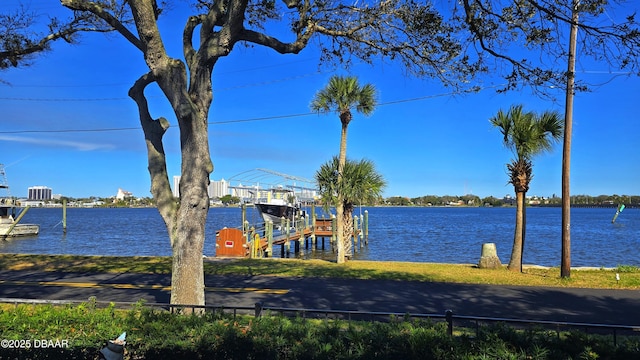 view of dock with a water view and boat lift