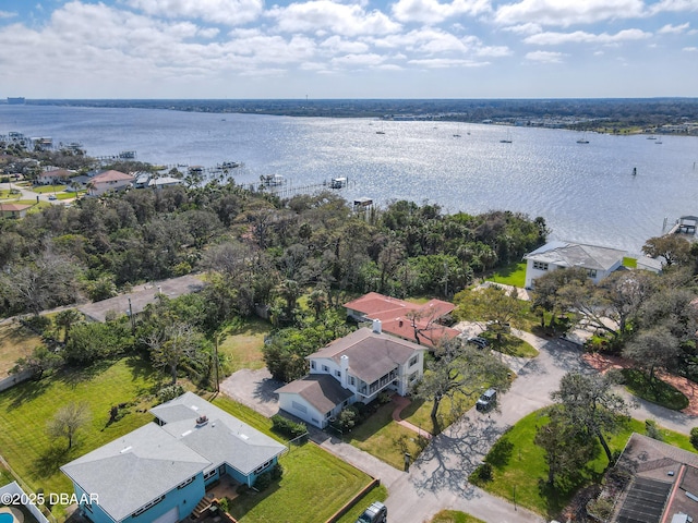 drone / aerial view featuring a water view