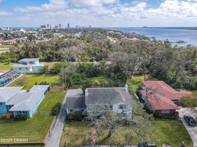 drone / aerial view with a water view