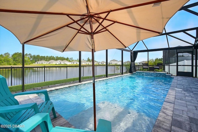 52 Lumber Jack Trl, Palm Coast, FL 32137 - view of swimming pool with a water view, a lanai, a fenced backyard, and a patio area