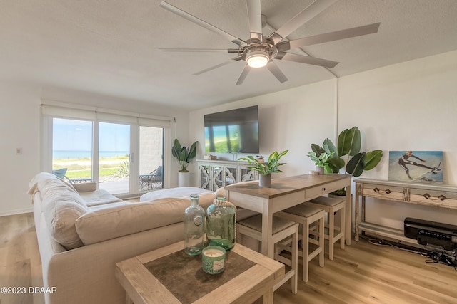 living room featuring ceiling fan, a textured ceiling, and light hardwood / wood-style floors