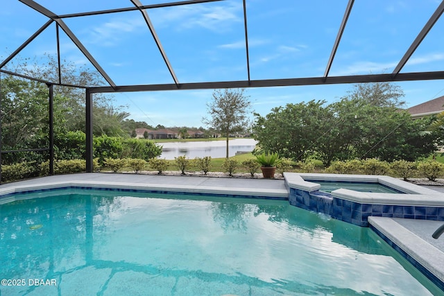 view of swimming pool featuring an in ground hot tub, a water view, and a lanai