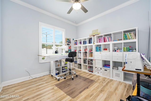 office area with ceiling fan, ornamental molding, and hardwood / wood-style floors