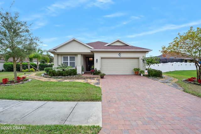 ranch-style home with a garage and a front yard