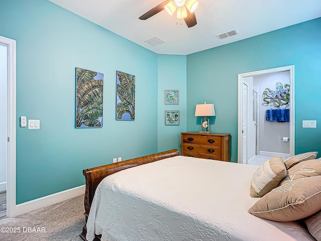 bedroom featuring ceiling fan and carpet