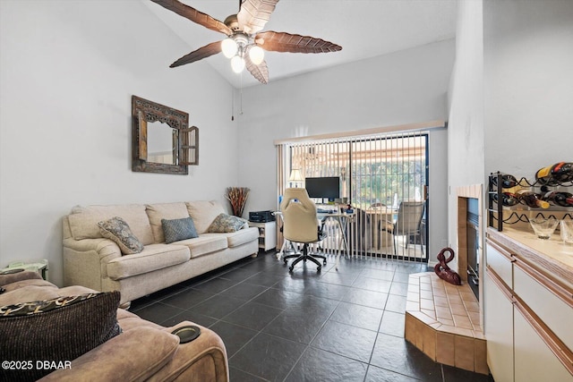 office with ceiling fan and vaulted ceiling