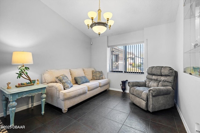 living room featuring a chandelier and lofted ceiling