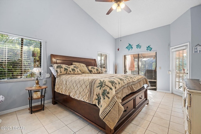 bedroom featuring access to exterior, light tile patterned floors, high vaulted ceiling, and ceiling fan