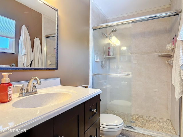 full bathroom featuring toilet, a stall shower, and vanity