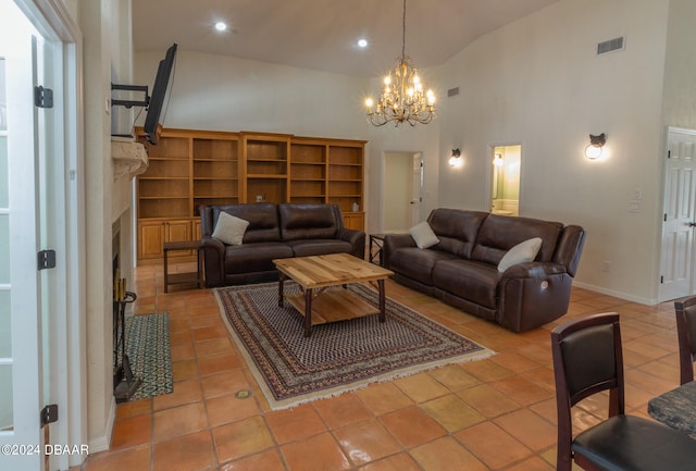 living room with built in shelves, light tile patterned floors, high vaulted ceiling, and an inviting chandelier