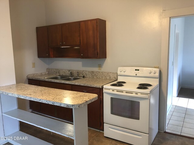 161 W 2nd Ave, Pierson, FL 32180 - kitchen with white electric range, dark tile patterned flooring, light countertops, dark brown cabinetry, and open shelves