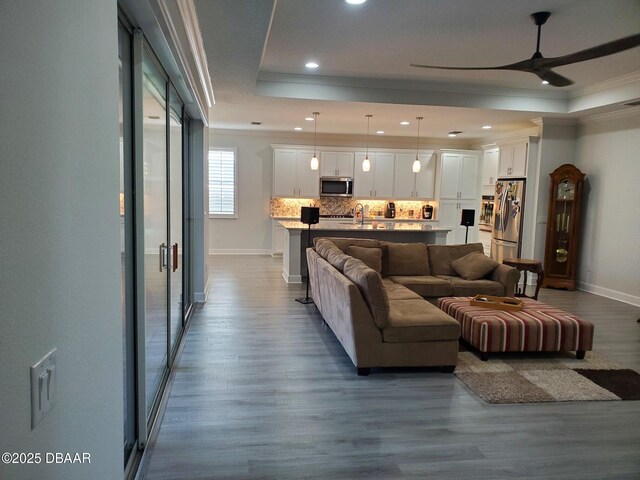 580 Barefoot Life Ln, Daytona Beach, FL 32124 - living room with wood finished floors, ornamental molding, a raised ceiling, and baseboards