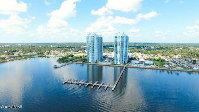 drone / aerial view featuring a water view