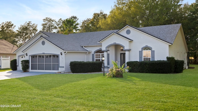 ranch-style home with a garage and a front yard