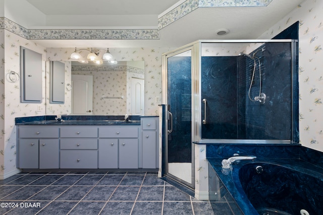 bathroom with vanity, plus walk in shower, and tile patterned floors