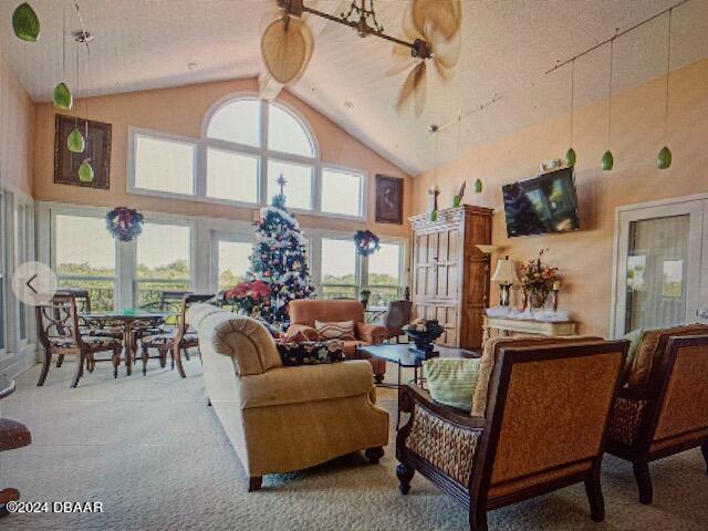 carpeted living room featuring high vaulted ceiling