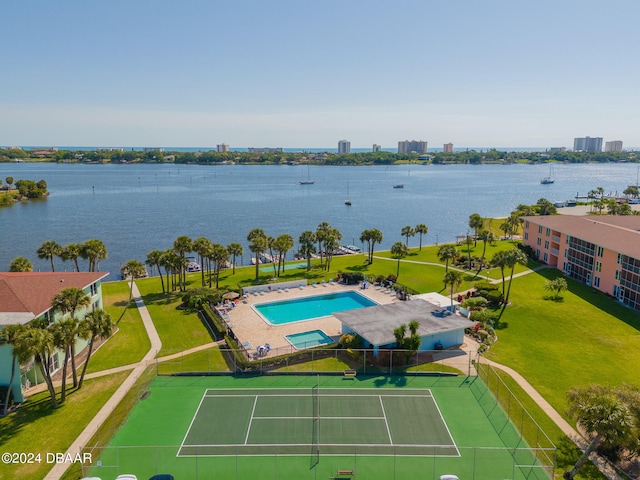 aerial view featuring a water view