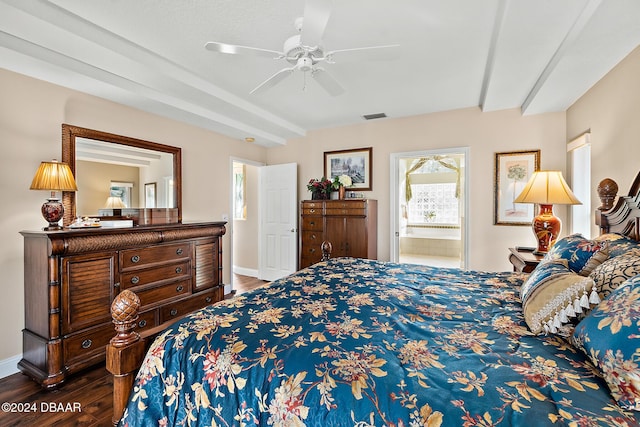 bedroom with beamed ceiling, connected bathroom, hardwood / wood-style flooring, and ceiling fan