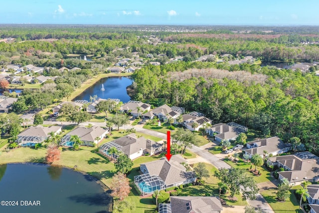 drone / aerial view featuring a water view