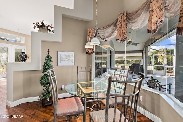 dining space with ceiling fan and hardwood / wood-style floors