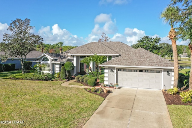 view of front of home with a front lawn and a garage