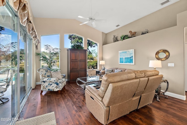 living room featuring ceiling fan, dark hardwood / wood-style flooring, and lofted ceiling