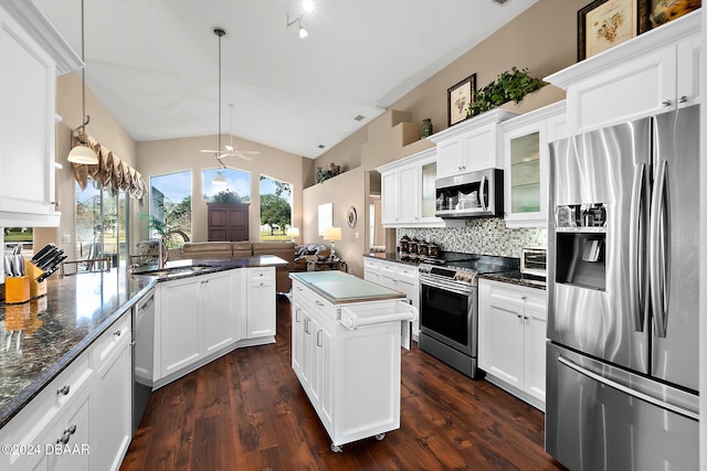 kitchen featuring appliances with stainless steel finishes, dark hardwood / wood-style floors, vaulted ceiling, and sink