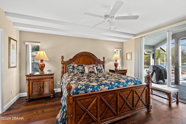 bedroom with access to exterior, ceiling fan, and dark hardwood / wood-style floors