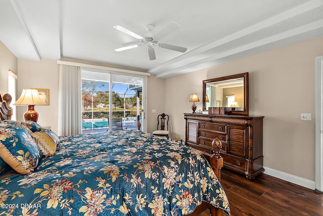 bedroom featuring access to exterior, ceiling fan, and dark hardwood / wood-style flooring